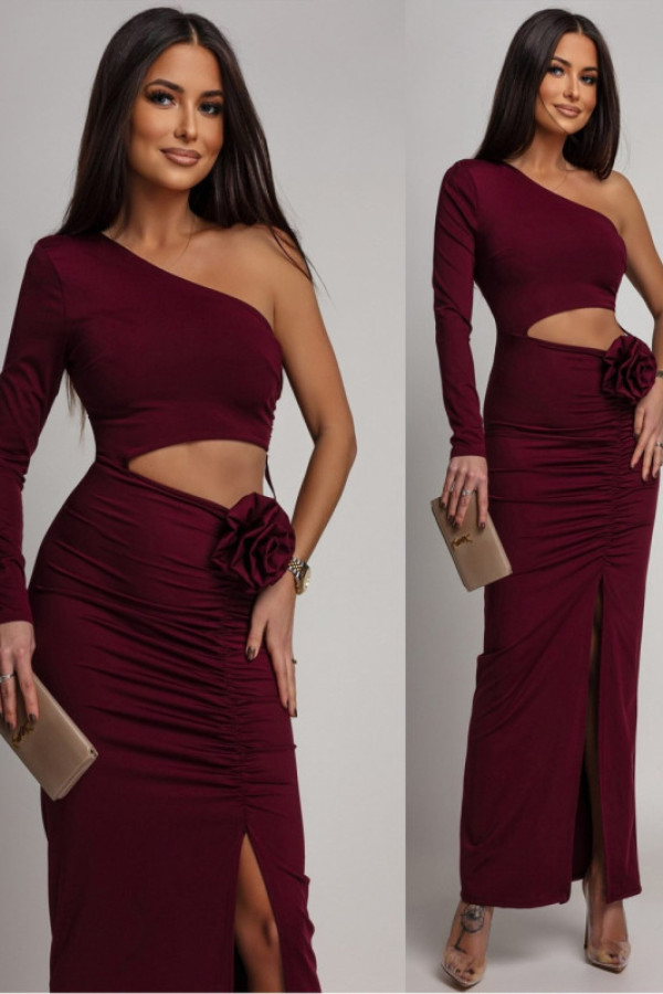 Elegancka sukienka maxi na jedno ramię farissa bordowa