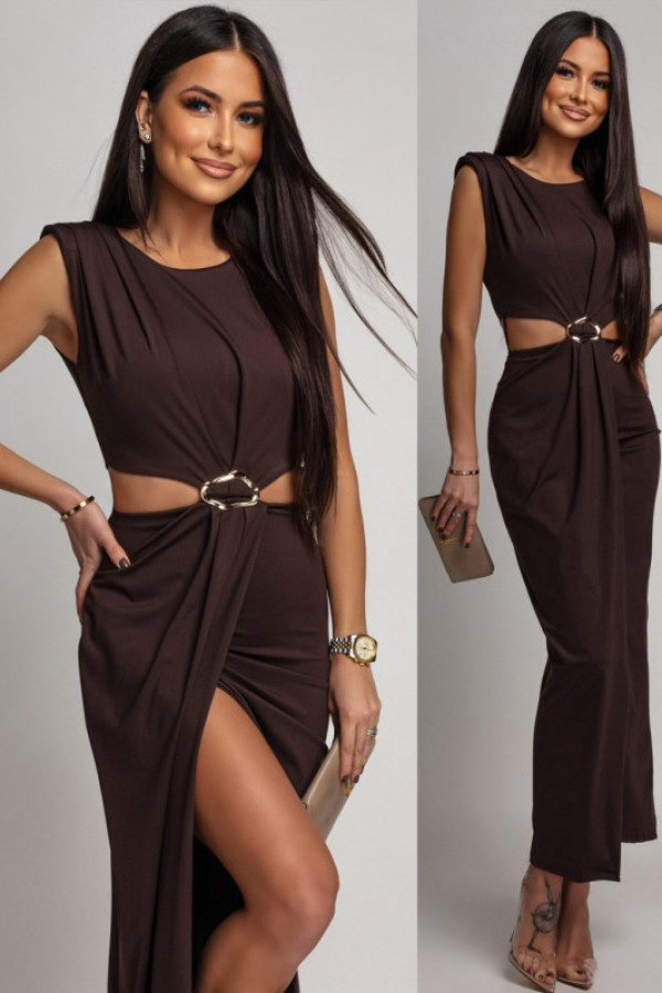 Elegancka sukienka maxi z wycięciem patrisia brązowa