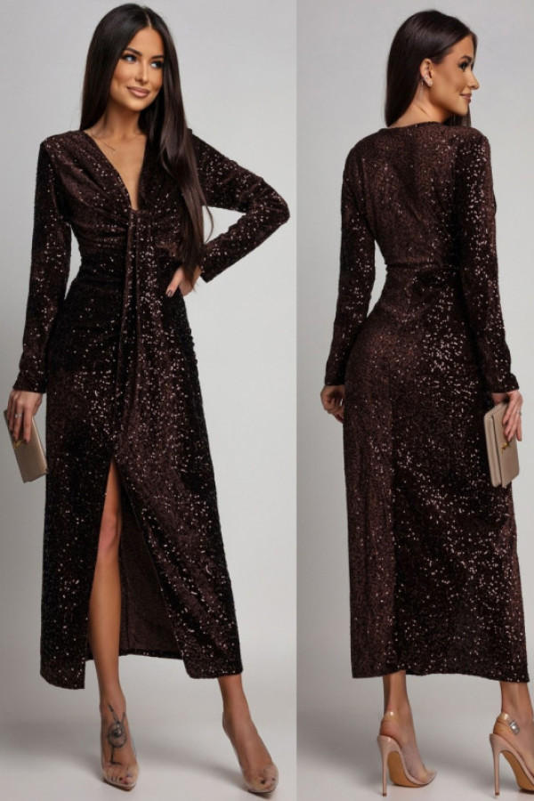 Cekinowa sukienka maxi joenna brązowa