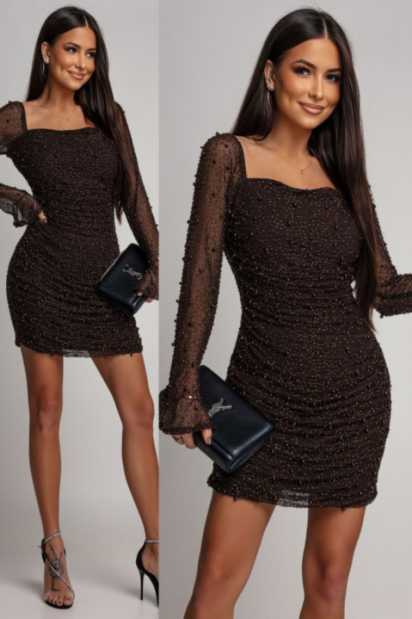 Elegancka sukienka mini ze zdobieniem lorisse brązowa