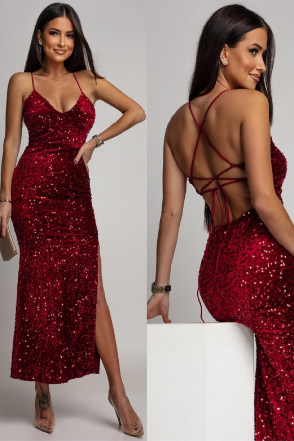 Cekinowa sukienka maxi z odkrytymi plecami catarine bordowa