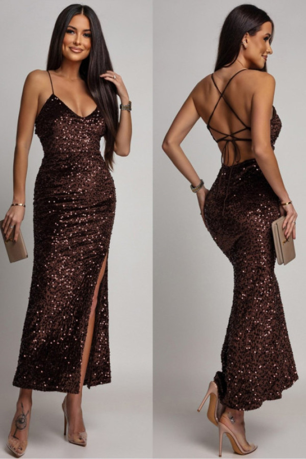 Cekinowa sukienka maxi z odkrytymi plecami catarine brązowa