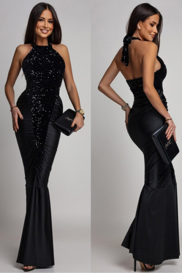 Cekinowa sukienka maxi z odkrytymi plecami claudienne czarna