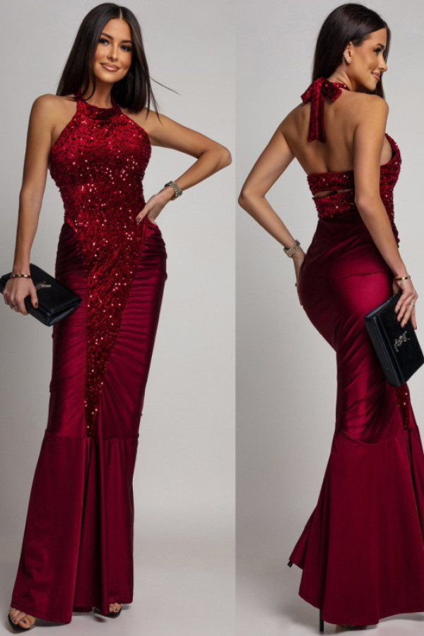 Cekinowa sukienka maxi z odkrytymi plecami claudienne bordowa