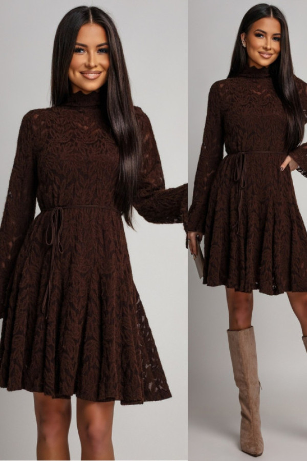 Rozkloszowana sukienka z haftem i halką olissea brązowa