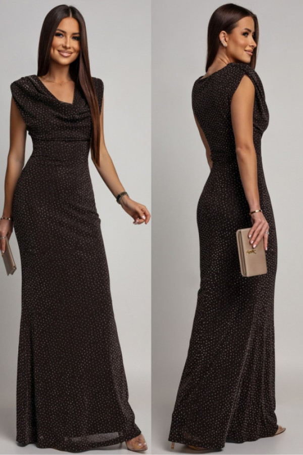 Elegancka sukienka maxi z cyrkoniami lafressia brązowa