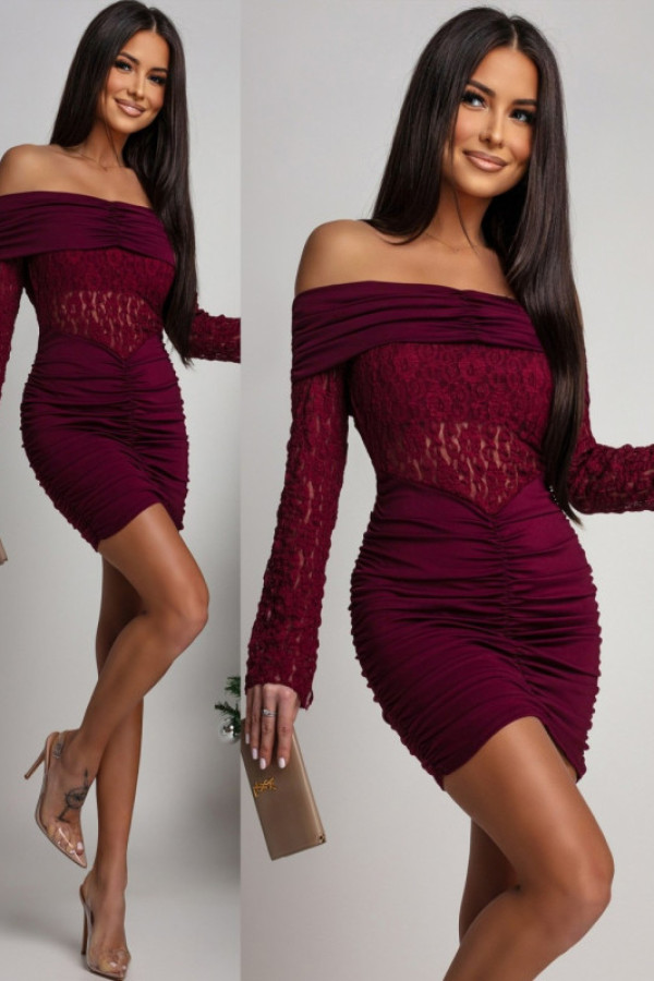 Sukienka mini hiszpanka z koronką ferience ii bordowa