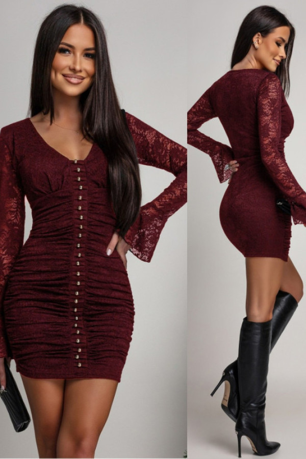 Koronkowa sukienka mini z marszczeniem romantio bordowa