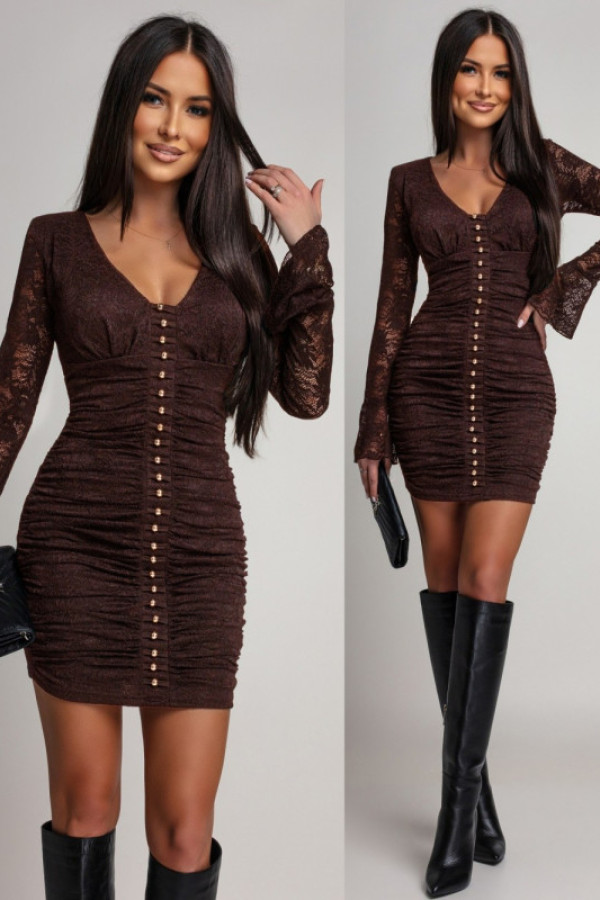 Koronkowa sukienka mini z marszczeniem romantio brązowa