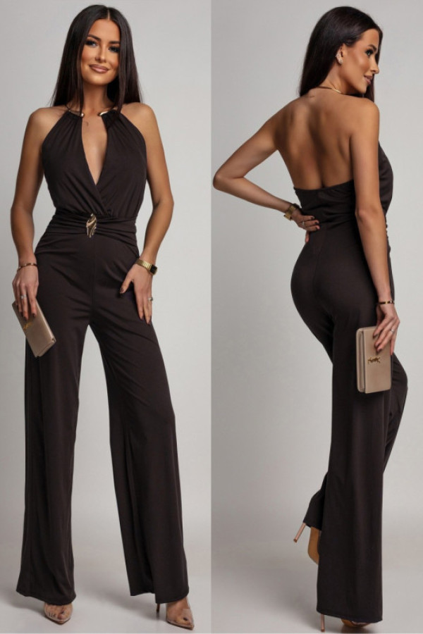 Elegancki kombinezon maxi z biżuteryjnym zdobieniem rosetio ii brązowy