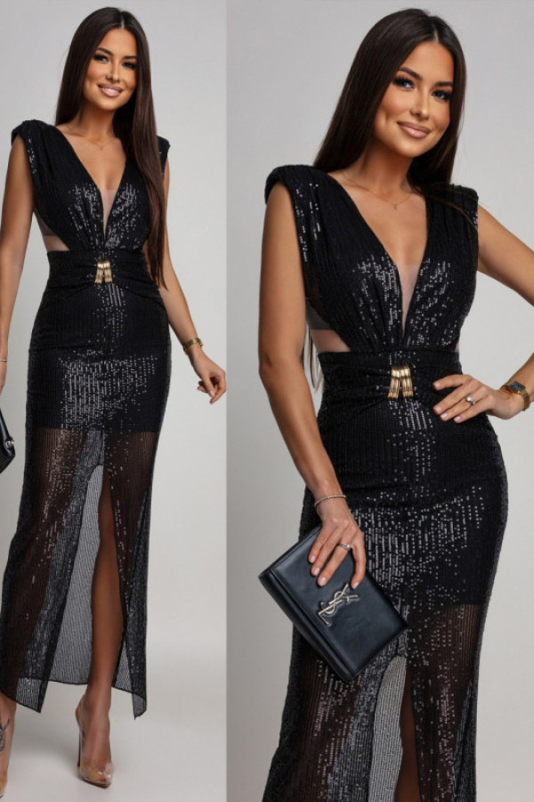 Cekinowa sukienka maxi z biżuteryjnym zdobieniem arlettia czarna