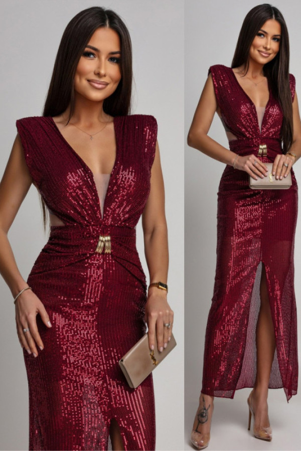 Cekinowa sukienka maxi z biżuteryjnym zdobieniem arlettia bordowa