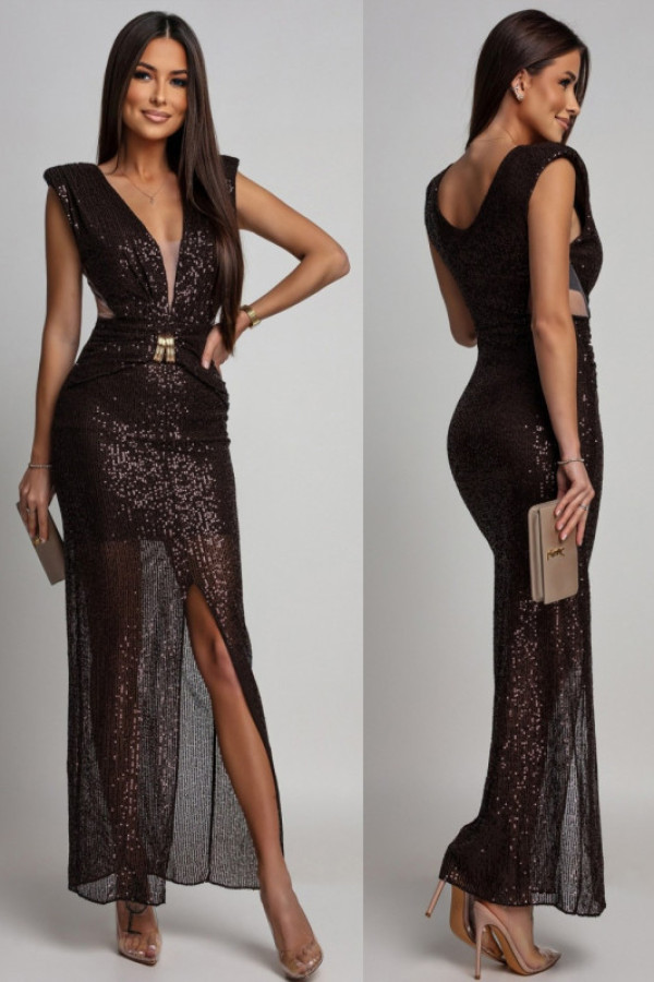 Cekinowa sukienka maxi z biżuteryjnym zdobieniem arlettia brązowa