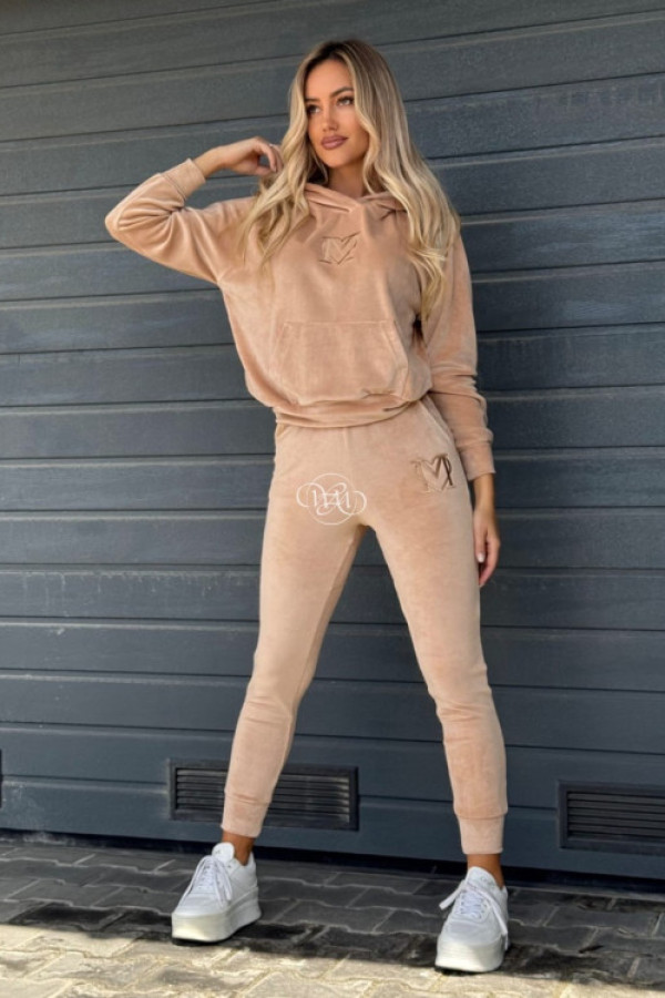 Komplet welurowy sardynia z haftem -beżowy