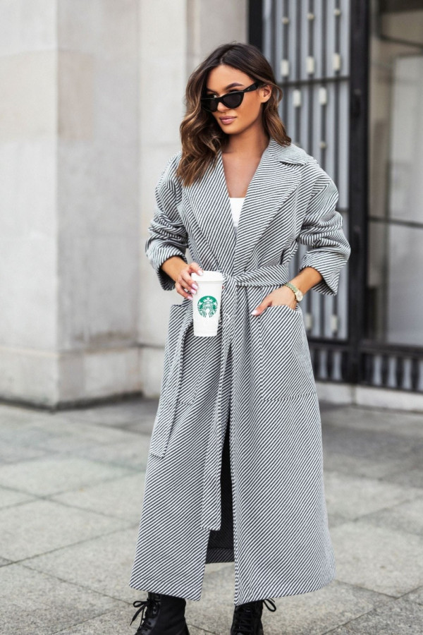 Płaszcz rita wiązany w pasie szary prążek