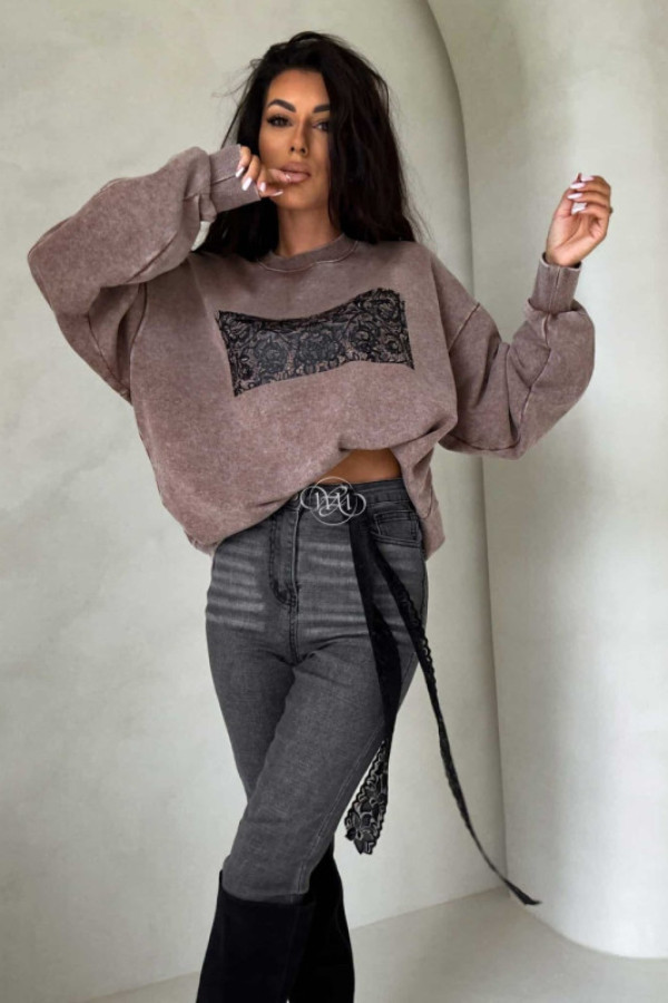 Dekatyzowana bluza koronka - ciemny beż