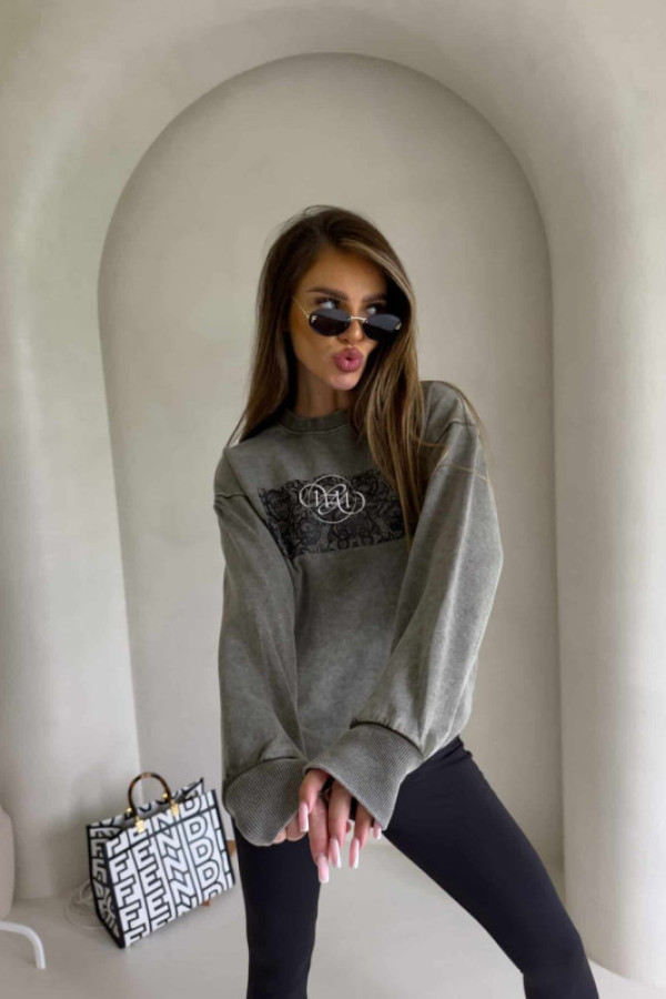 Dekatyzowana bluza koronka - khaki