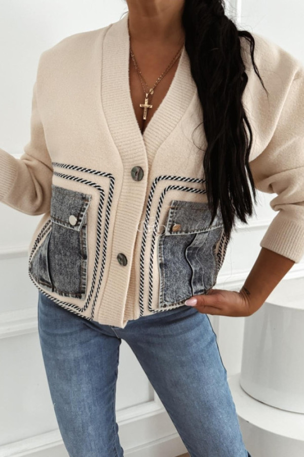 Sweterek z jeansowymi kieszeniami beżowy