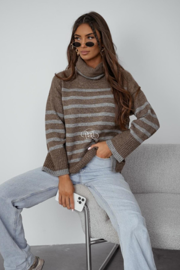 Sweter/ golf brązowy w szare paski