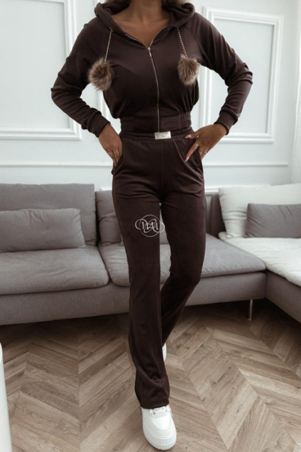 Komplet welurowy pompon czekoladowy