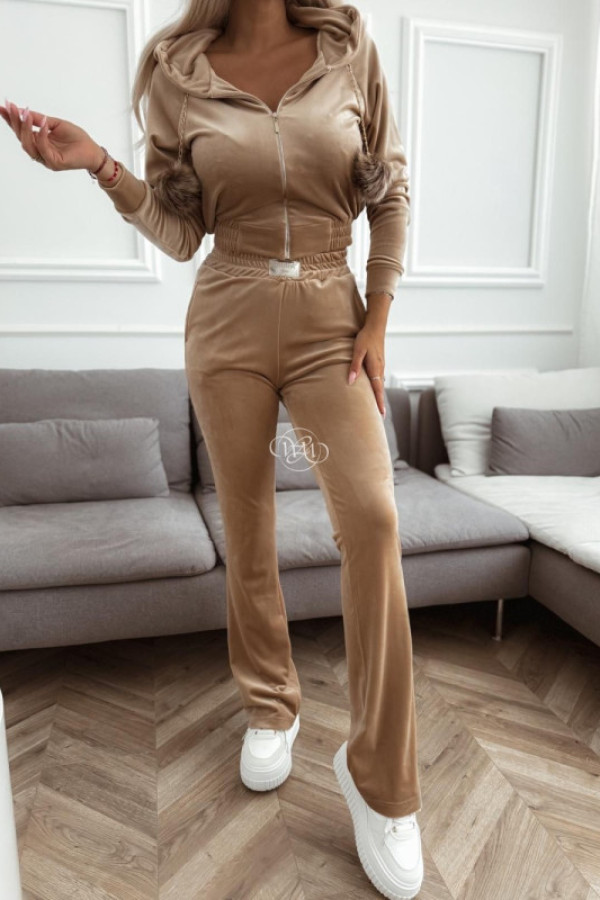 Komplet welurowy pompon beżowy