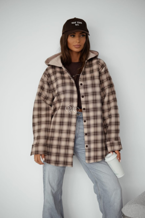Bluza na misiu z kapturem w kratkę beżowa