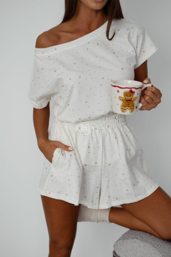 Piżamka krótka gwiazdki biała/ecru