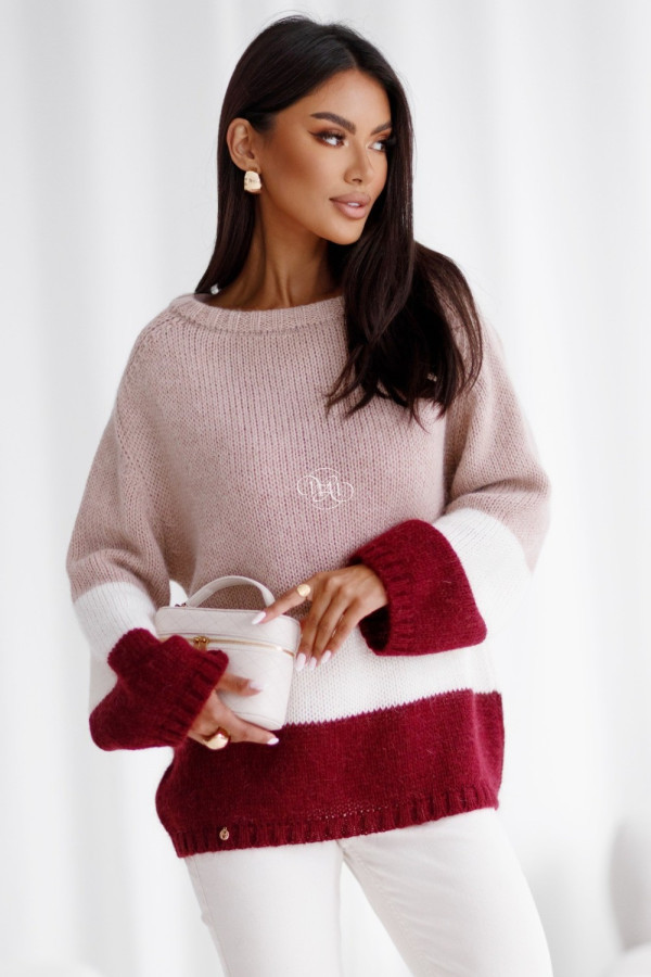 Sweter moher pasy brudny róż