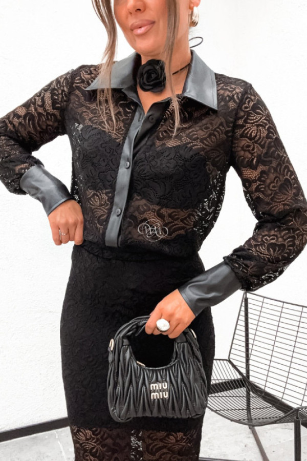 Koszula koronkowa z wykończeniami z ekoskóry czarna