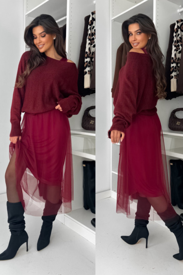 Komplet sweterek z sukienka liner bordo