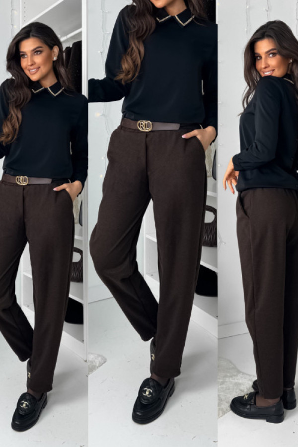 Spodnie typu momfit z paskiem - choco