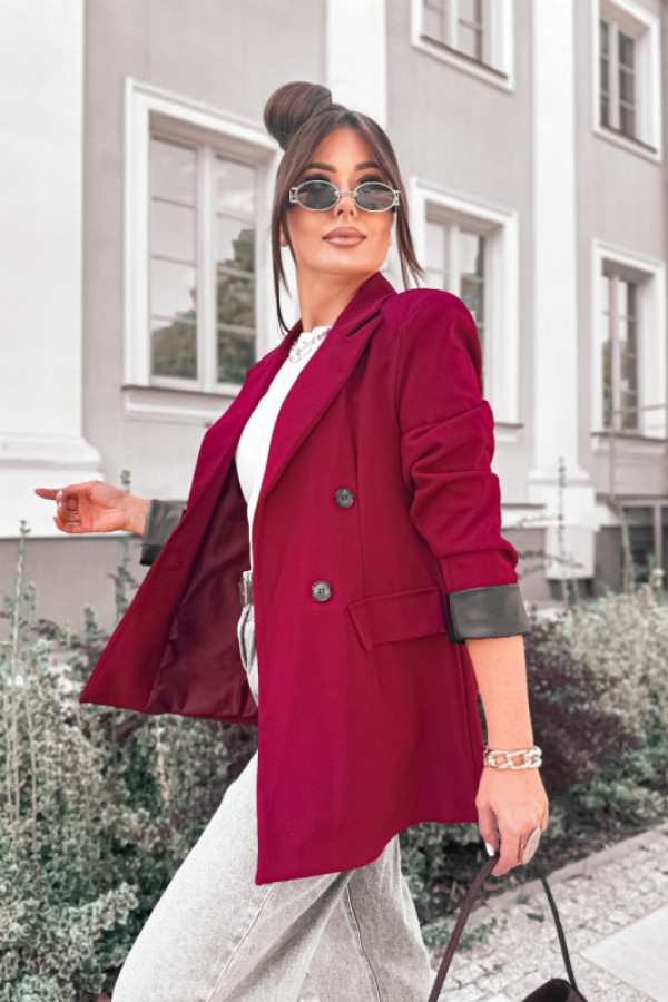 Marynarka fashion style wywijane skorzane rękawy bordo