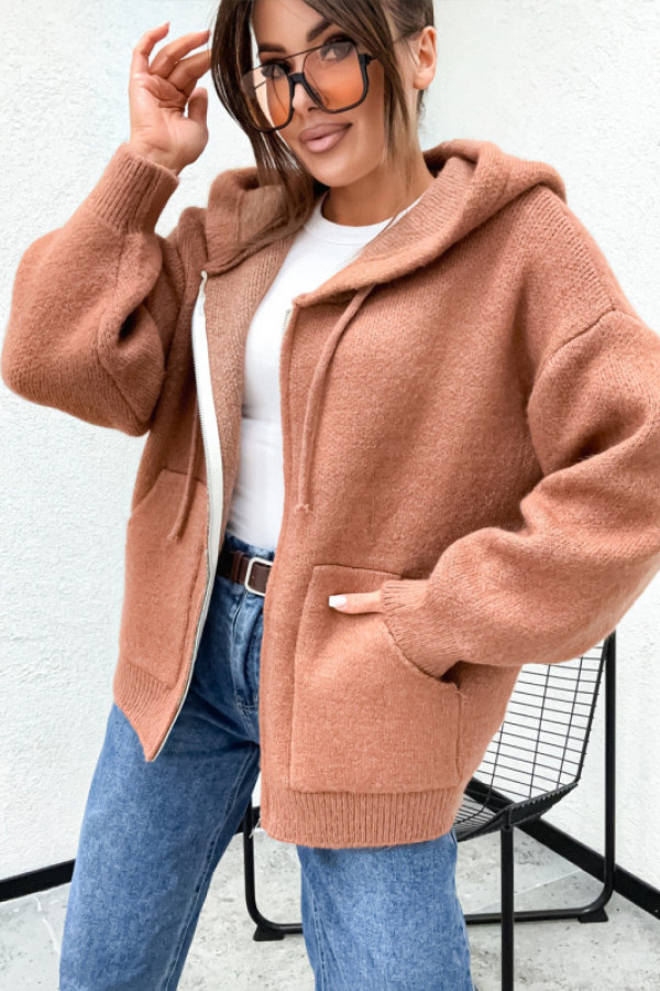 Sweter oversize hoodie na suwak mocha mousse