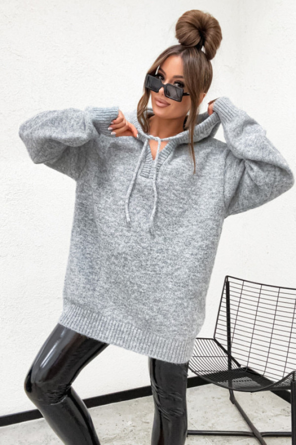 Sweter boutique oversizowy z kapturem melanż gray
