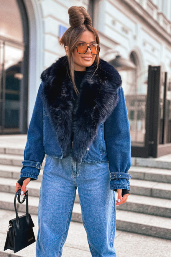 Katana jeansowa kożuszek misio mega futerko blue denim