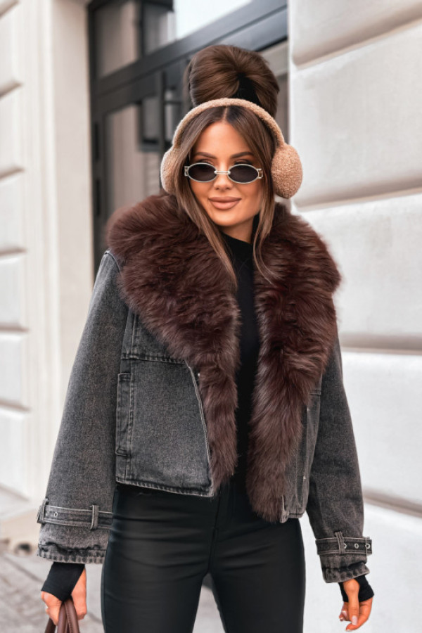 Katana jeansowa kożuszek misio mega futerko gray and chocco