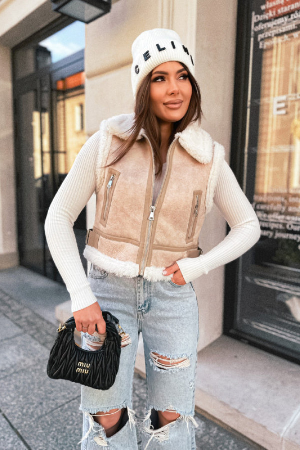 Kamizelka madison kożuszek denim street look nude beige