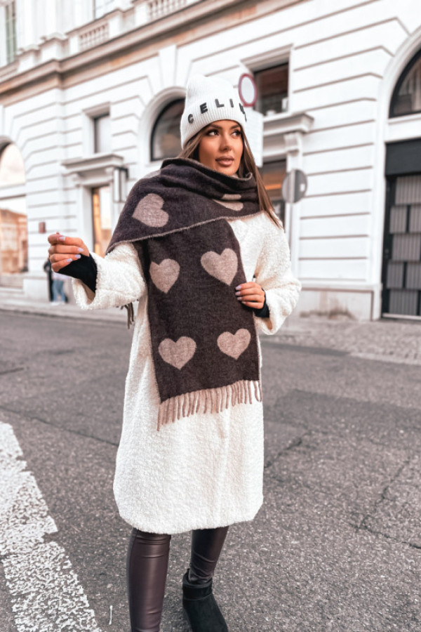 Szal moherowy dwukolorowy w serduszka mocca brąz