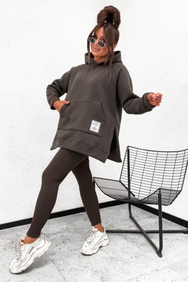Bawełniany komplet botta z legginsami bluza grubsza z rozcięciem brąz