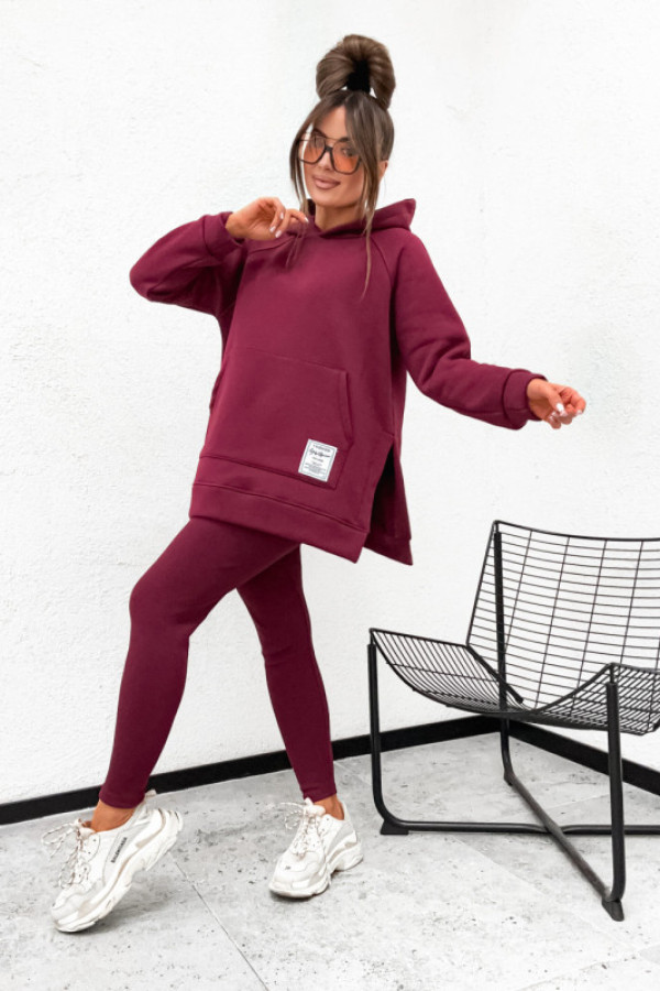 Bawełniany komplet botta z legginsami bluza grubsza z rozcięciem bordo