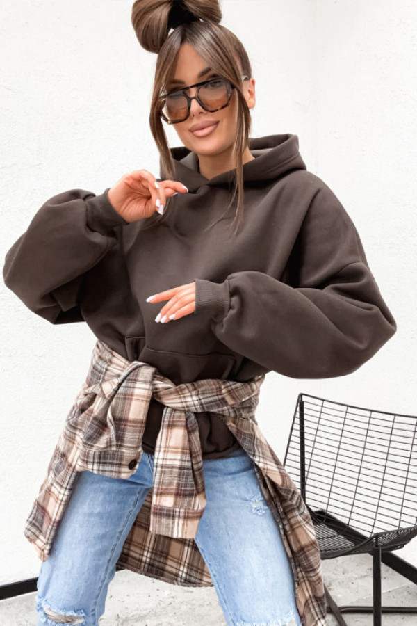 Bluza bawełnian basic loose hoodie classical brąz