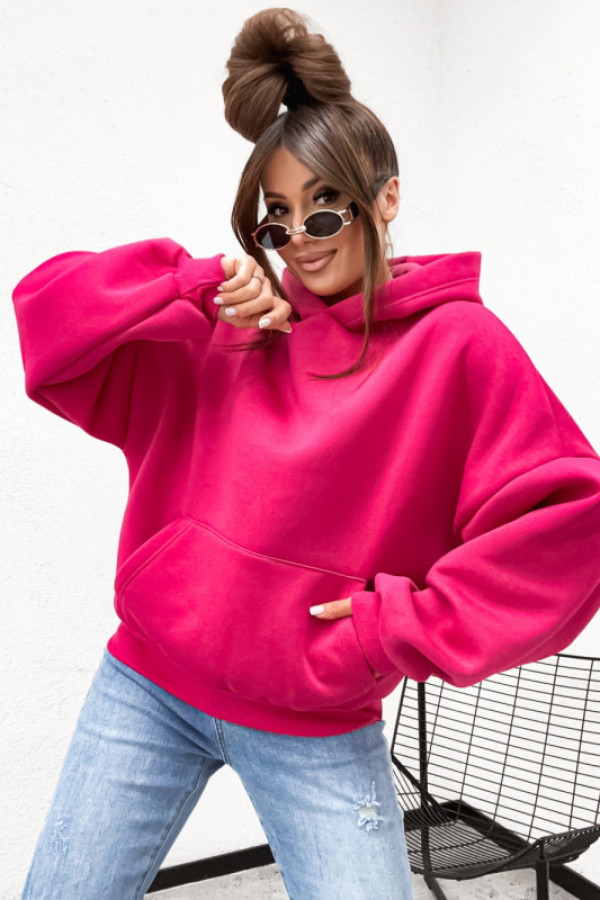 Bluza bawełnian basic loose hoodie classical fuksja