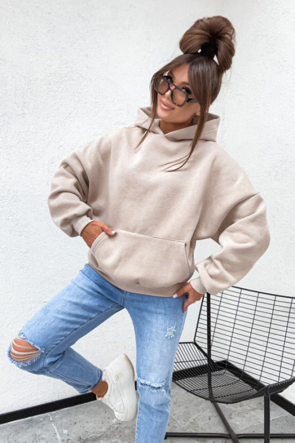 Bluza bawełnian basic loose hoodie classical nude