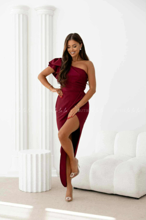 Sukienka bordowa z wycięciem i falbaną grace