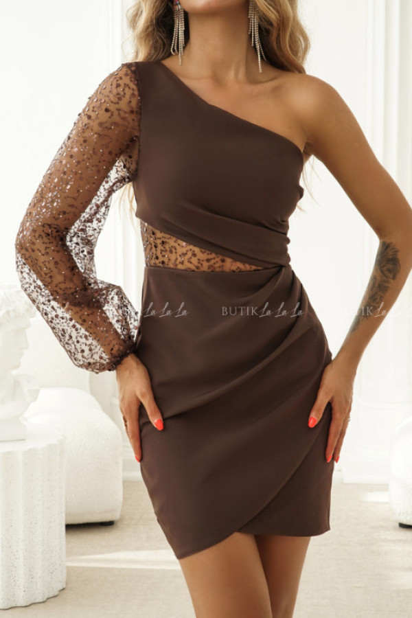 Sukienka mini brązowa na jedno ramie florinka