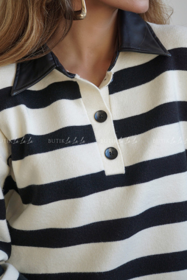 Sweter w paski z kołnierzykiem z eko skóry kolby