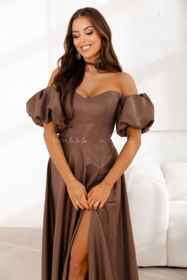 Sukienka maxi z rękawami połyskująca brązowa bridget
