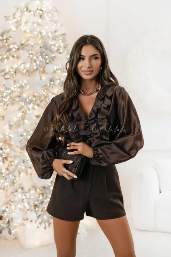 Bluzka koszulowa brązowa w falbaną wena