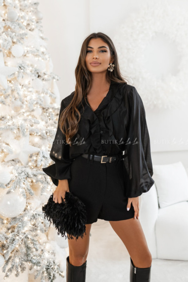 Bluzka koszulowa czarna w falbaną wena