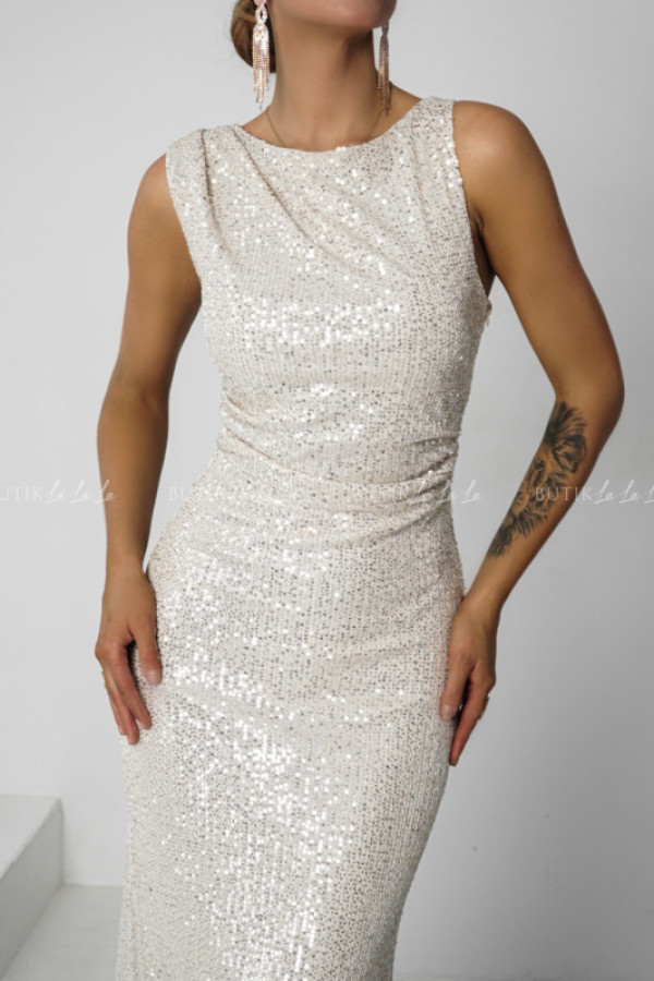 Sukienka maxi cekinowa beżowo srebrna lanna